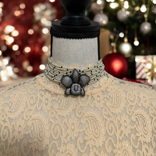 Crystal and Pearl Choker with Zircon Orchid Pendant
