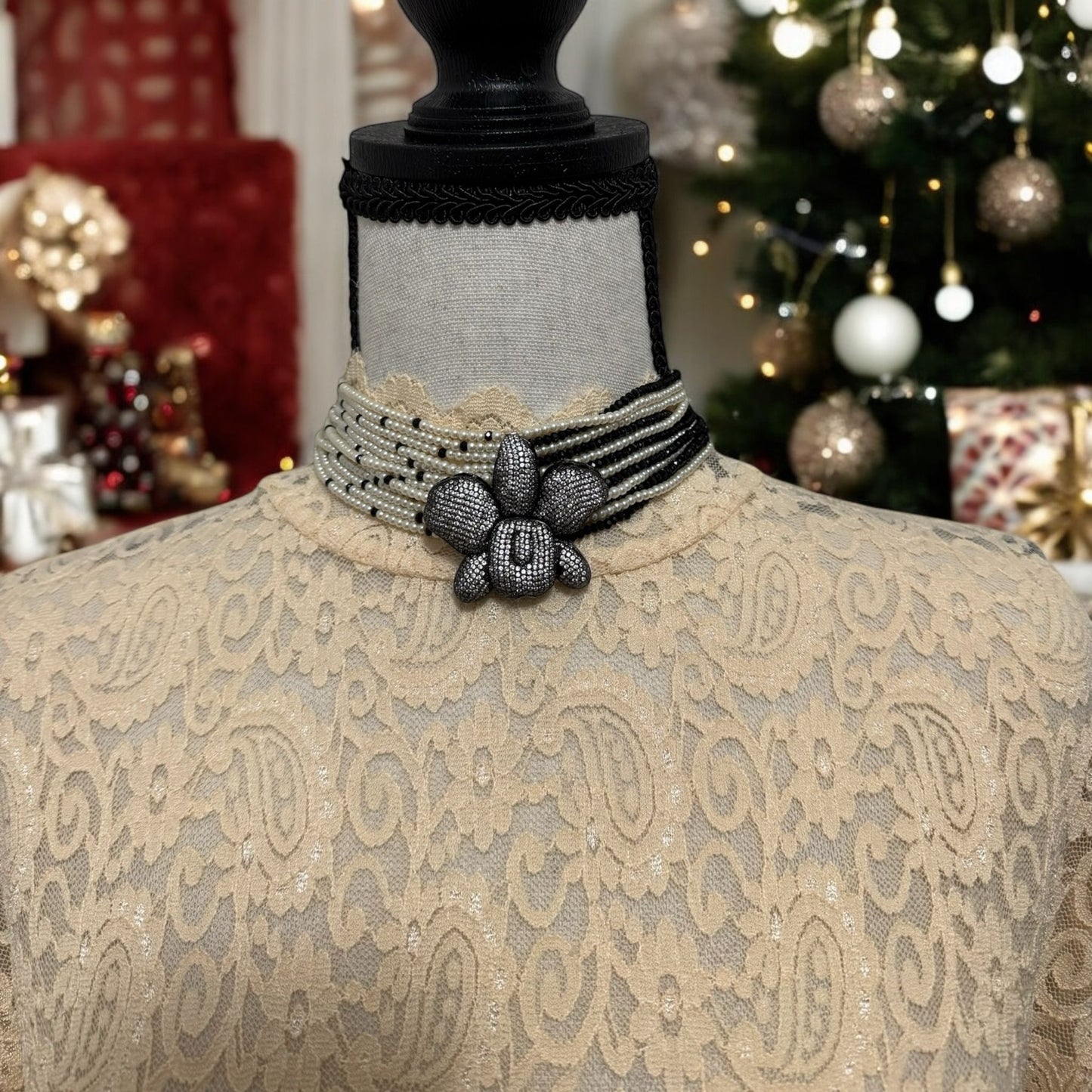 Crystal and Pearl Choker with Zircon Orchid Pendant