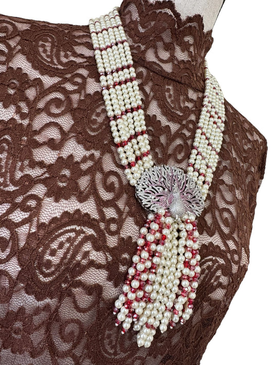 6 Line Pearl And Crystal Necklace Peacock Pendant Red