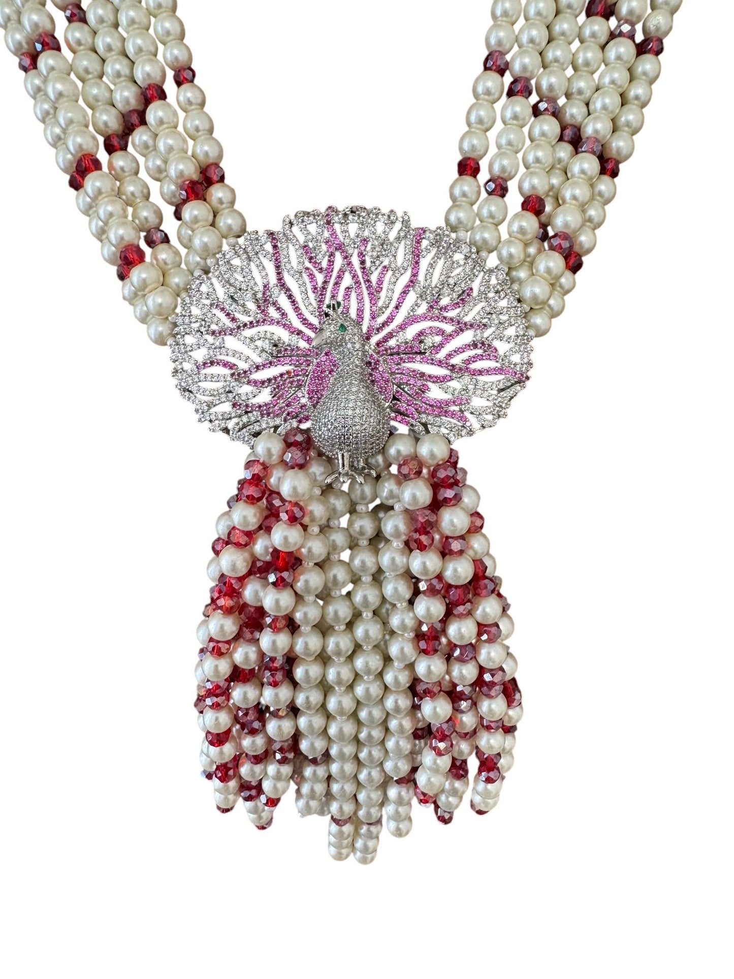 6 Line Pearl And Crystal Necklace Peacock Pendant Red