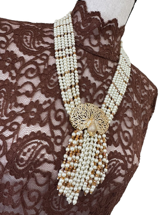 6 Line Pearl And Crystal Necklace Peacock Pendant Yellow