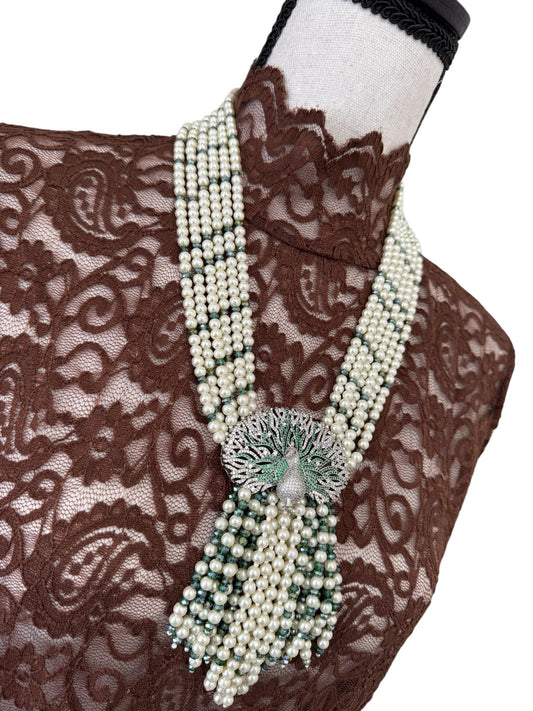 6 Line Pearl And Crystal Necklace Peacock Pendant Green
