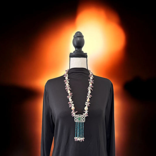 Baroque and Fresh Water Pearl with Zircon Square Pendant Necklace Purple