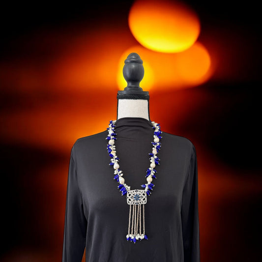 Baroque and Fresh Water Pearl with Zircon Square Pendant Necklace Navy