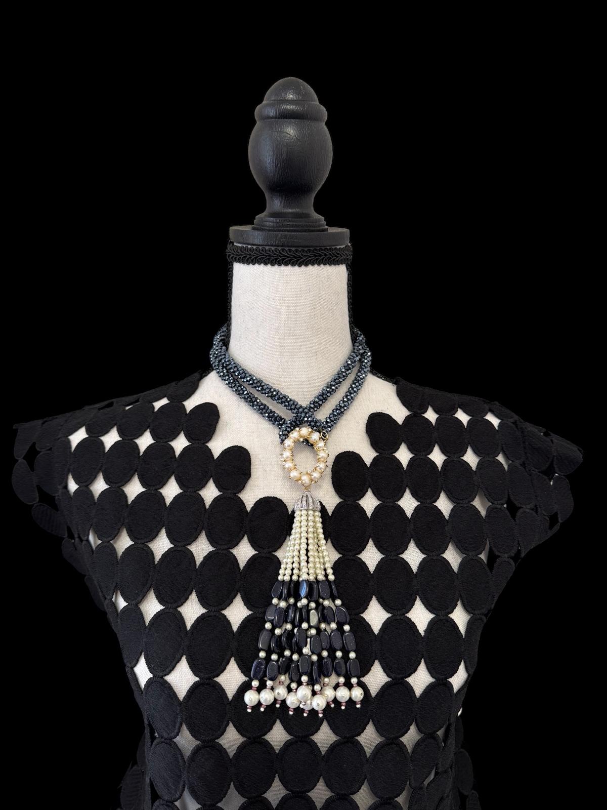 Twisted Crystal Long Necklace with Semi Precious Pendant and Tassel White