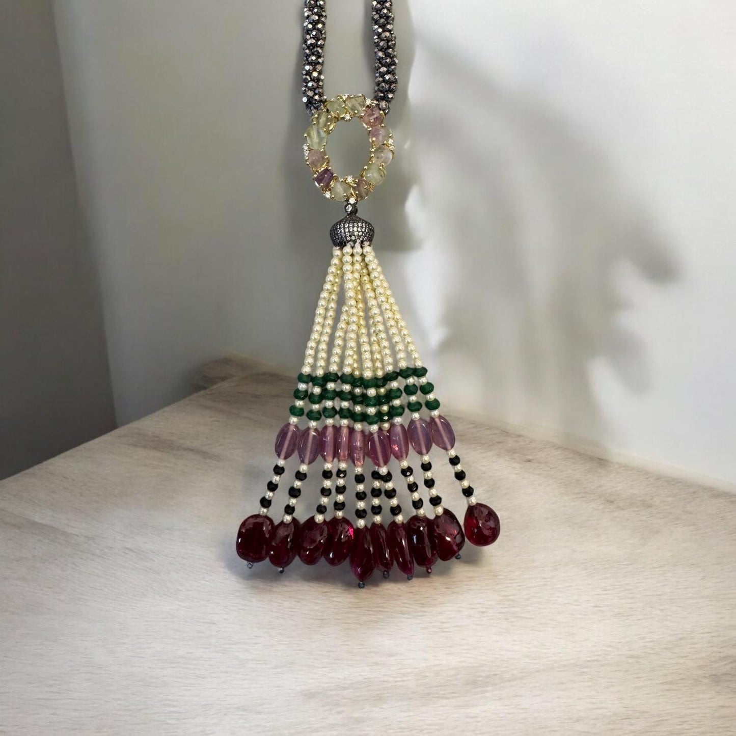 Twisted Crystal Long Necklace with Semi Precious Pendant and Tassel Green
