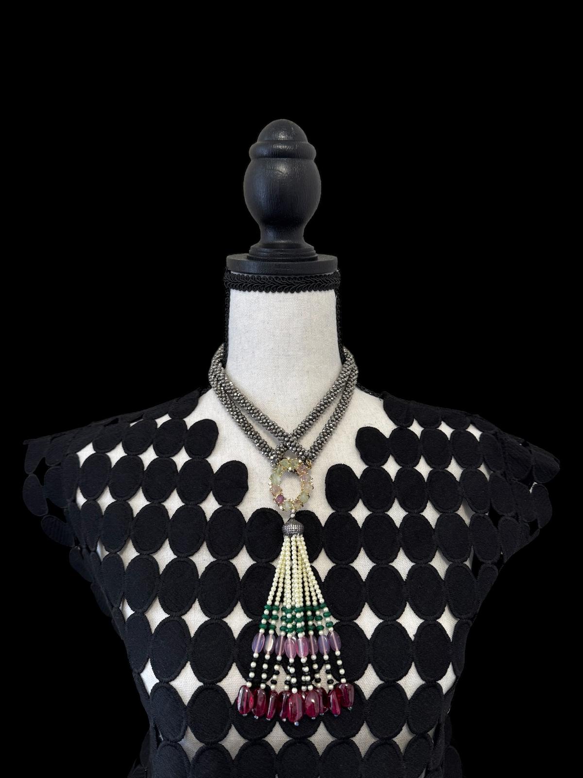 Twisted Crystal Long Necklace with Semi Precious Pendant and Tassel Green