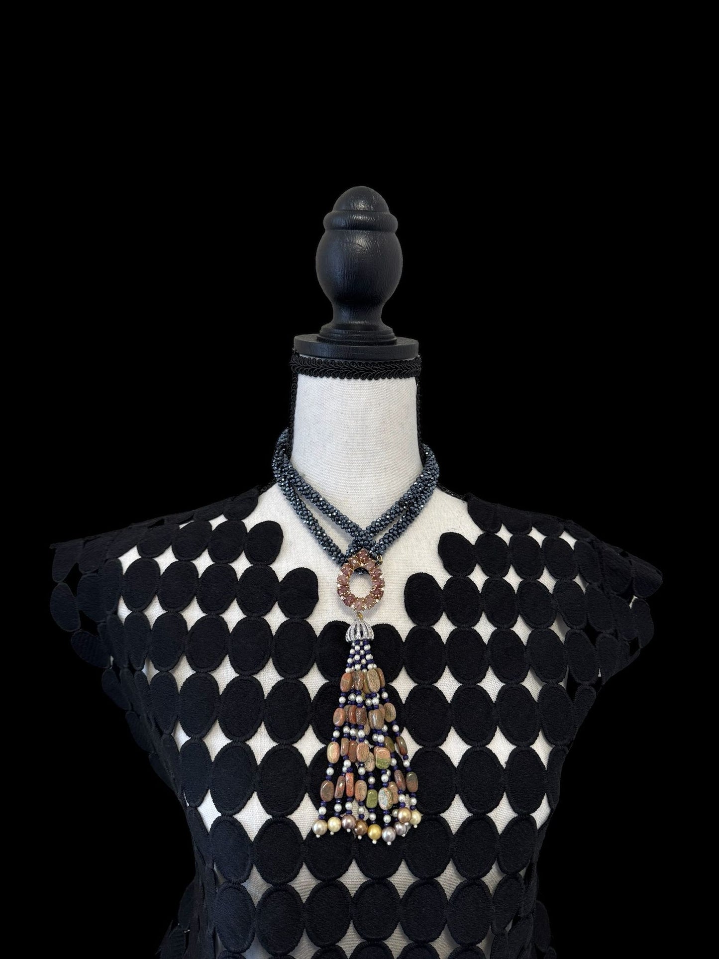 Twisted Crystal Long Necklace with Semi Precious Pendant and Tassel Pink