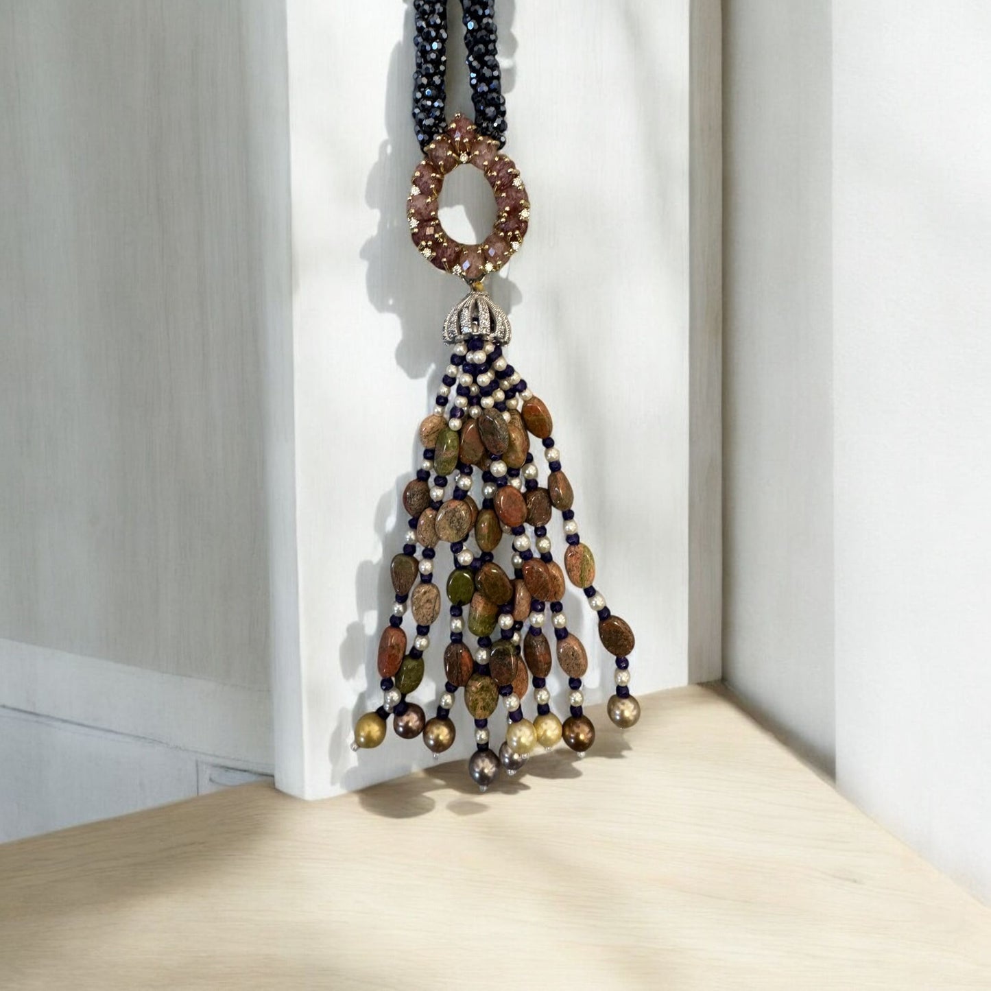 Twisted Crystal Long Necklace with Semi Precious Pendant and Tassel Pink