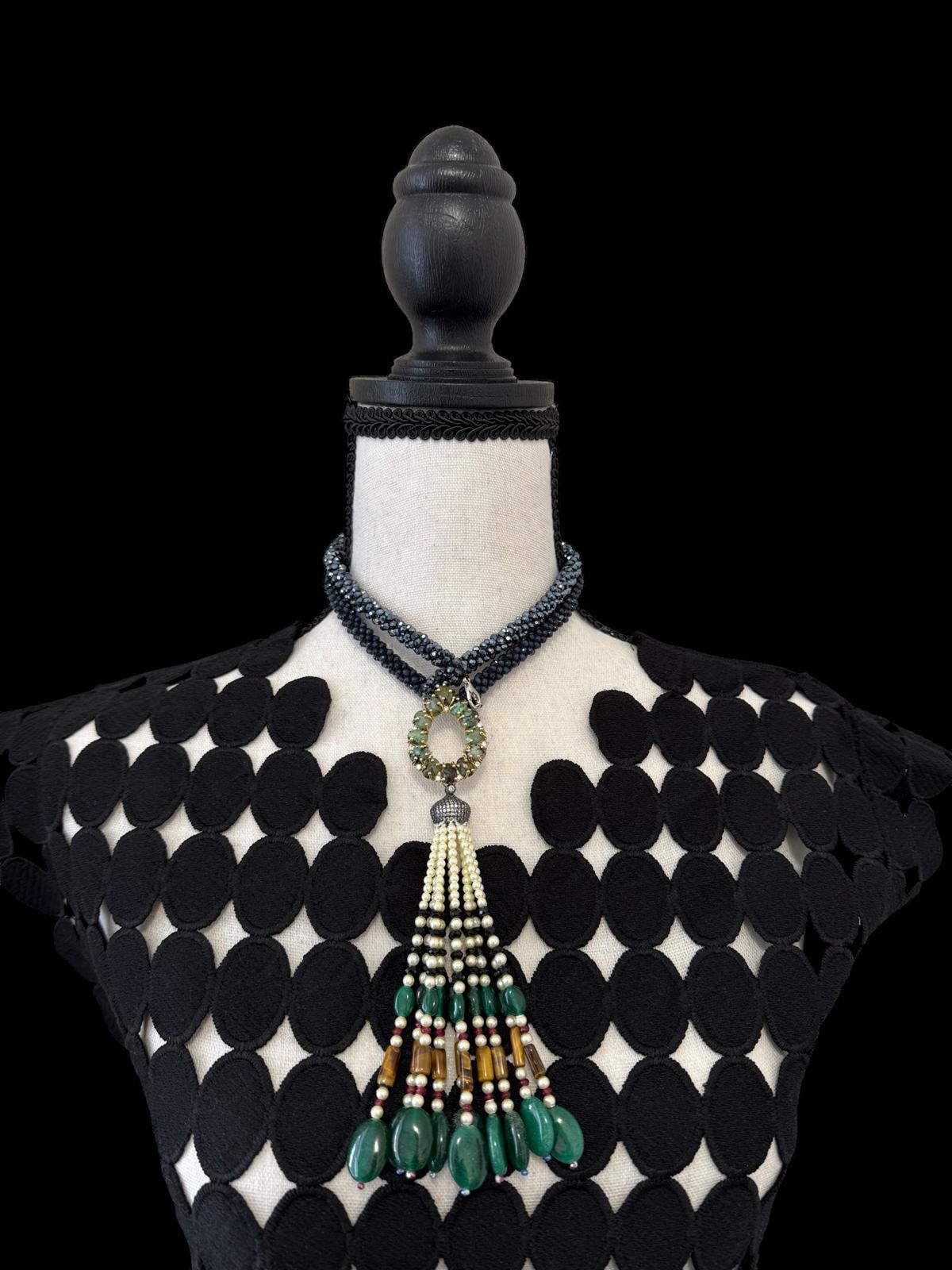 Twisted Crystal Long Necklace with Semi Precious Pendant and Tassel Blue