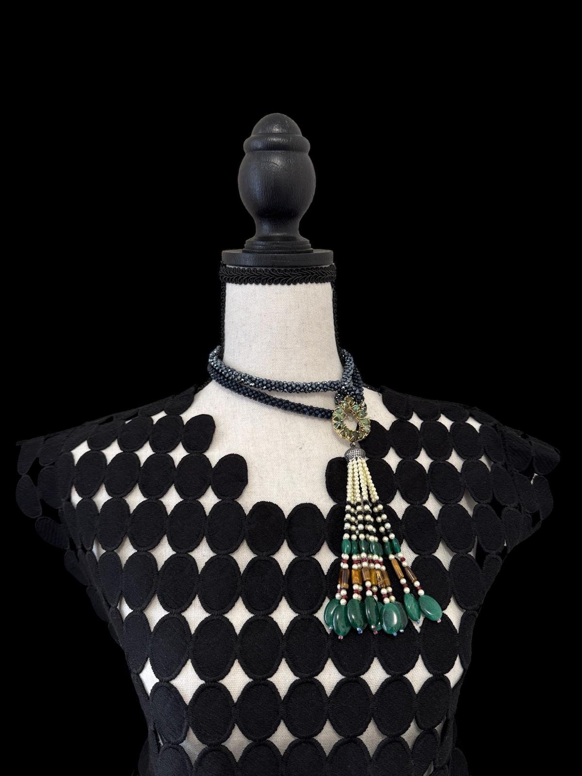 Twisted Crystal Long Necklace with Semi Precious Pendant and Tassel Blue