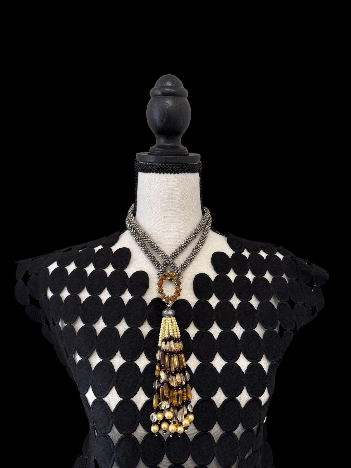 Twisted Crystal Long Necklace with Semi Precious Pendant and Tassel Orange