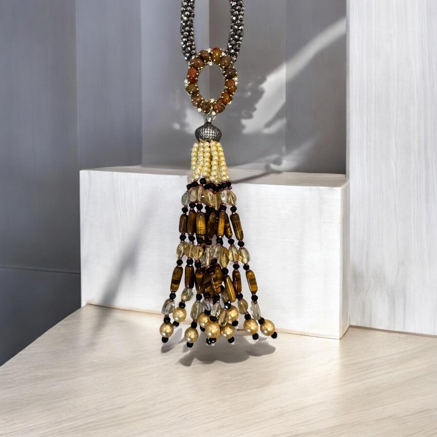 Twisted Crystal Long Necklace with Semi Precious Pendant and Tassel Orange