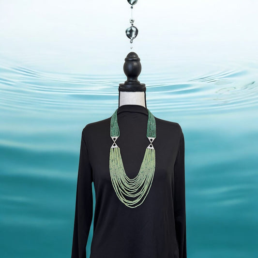 Dual Shade 10 Line Long Double Pendant Layered Crystal Necklace Green