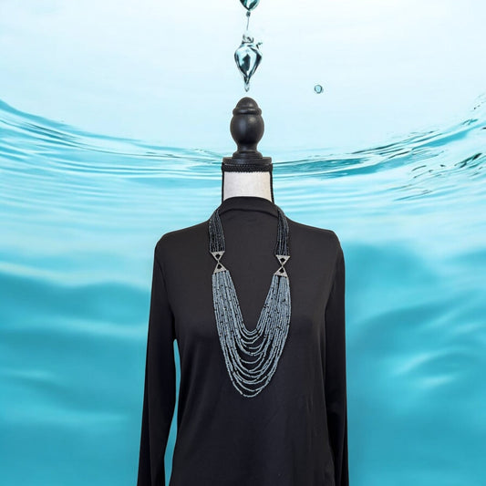 Dual Shade 10 Line Long Double Pendant Layered Crystal Necklace Gray