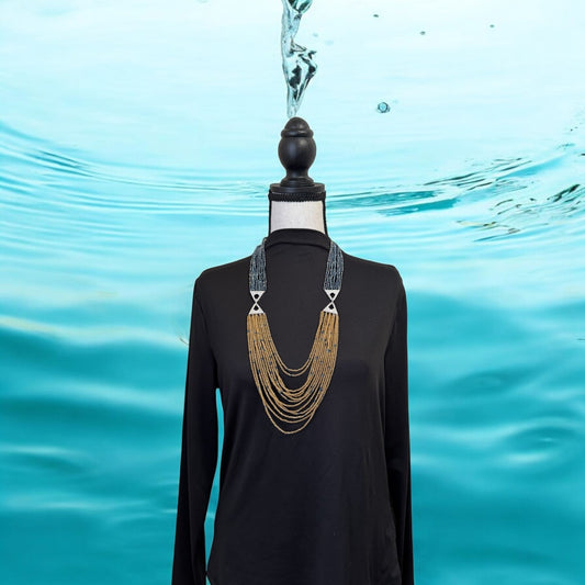 Dual Shade 10 Line Long Double Pendant Layered Crystal Necklace Yellow