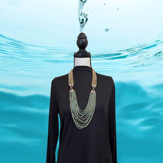 Dual Shade 10 Line Long Double Pendant Layered Crystal Necklace Blue
