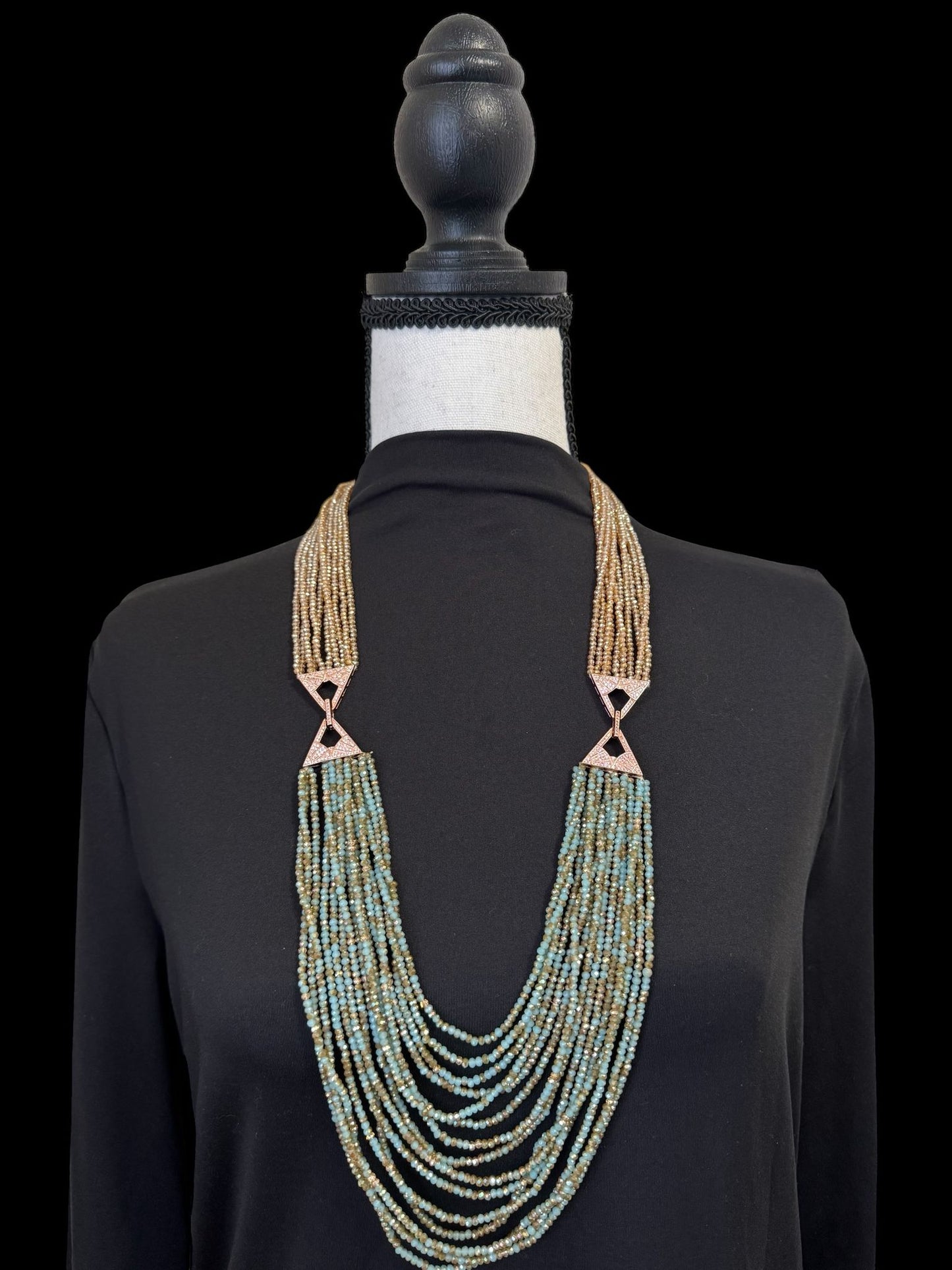 Dual Shade 10 Line Long Double Pendant Layered Crystal Necklace Blue