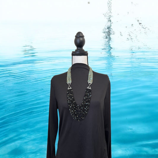 Dual Shade 10 Line Long Double Pendant Layered Crystal Necklace Black