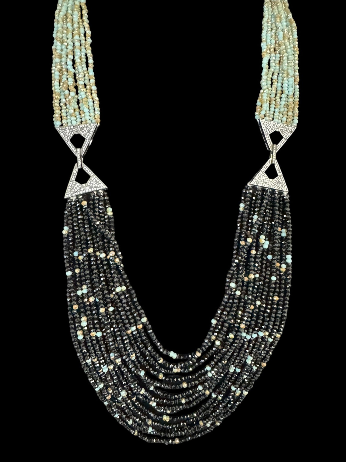 Dual Shade 10 Line Long Double Pendant Layered Crystal Necklace Black