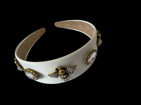 Quilted Almond and Bee Silk Ornamental Headband White