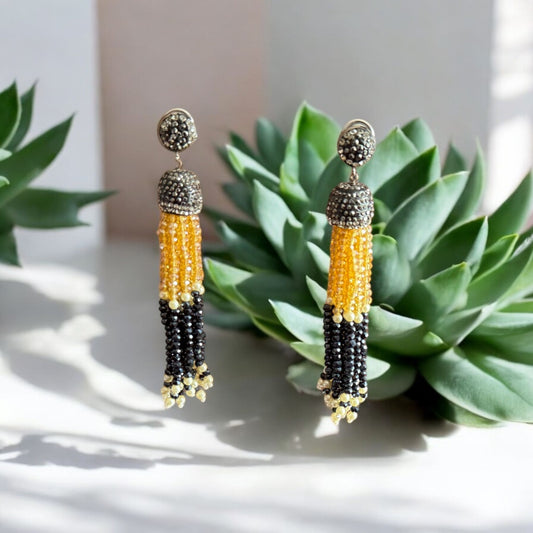 Earing Dual Color Crystal Tassels with Rhinestone Dome Yellow / Black