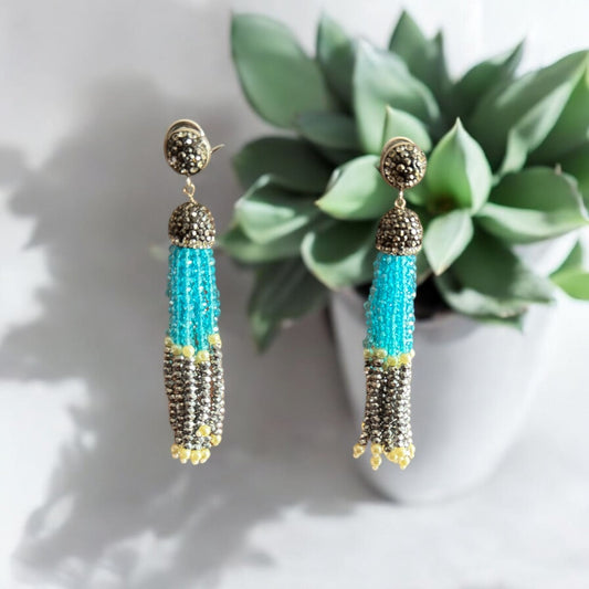 Earing Dual Color Crystal Tassels with Rhinestone Dome Blue / Silver
