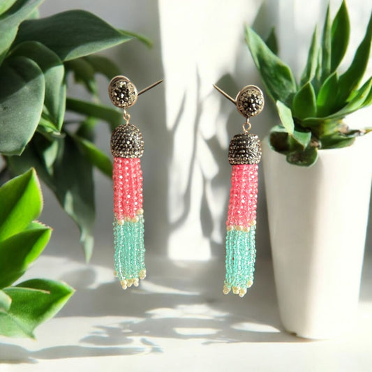 Earing Dual Color Crystal Tassels with Rhinestone Dome Pink / Green