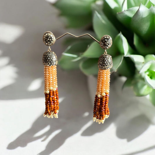 Earing Dual Color Crystal Tassels with Rhinestone Dome Beige / Orange