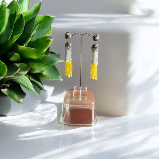 Earing Dual Color Crystal Tassels with Rhinestone Dome Gray / Yellow