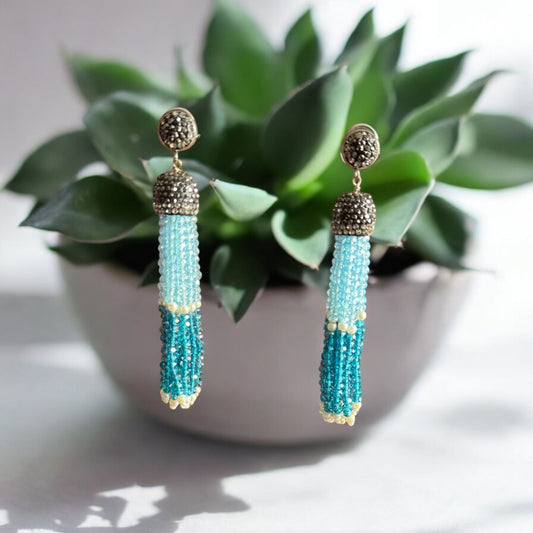 Earing Dual Color Crystal Tassels with Rhinestone Dome Blue / Teel