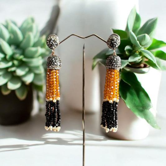 Earing Dual Color Crystal Tassels with Rhinestone Dome Gold / Black