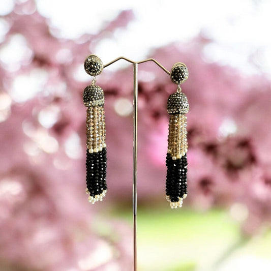 Earing Dual Color Crystal Tassels with Rhinestone Dome Brown / Black