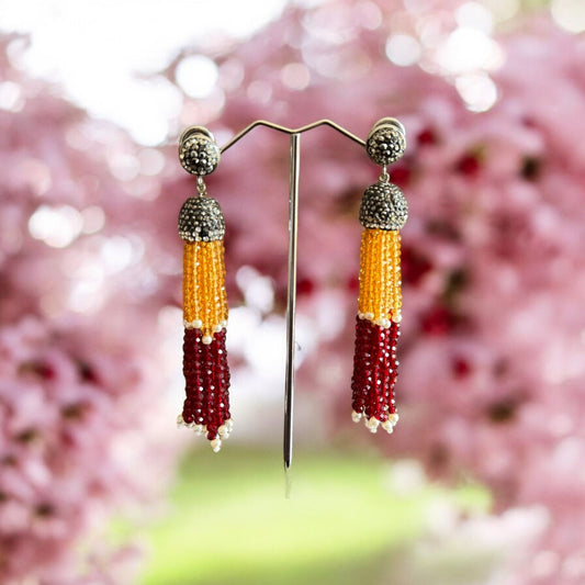 Earing Dual Color Crystal Tassels with Rhinestone Dome Yellow / Maroon