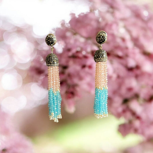 Earing Dual Color Crystal Tassels with Rhinestone Dome Pink / Blue