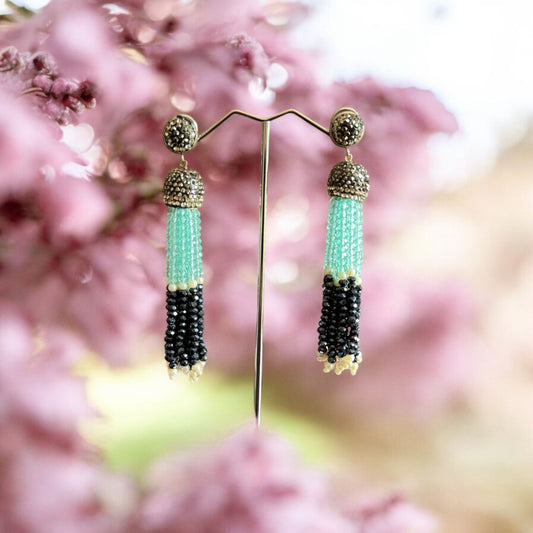 Earing Dual Color Crystal Tassels with Rhinestone Dome Blue / Navy