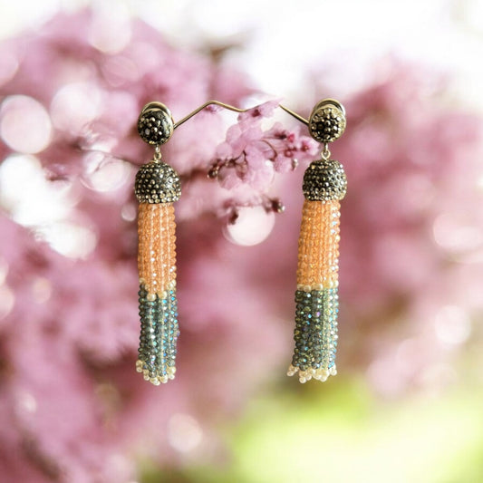 Earing Dual Color Crystal Tassels with Rhinestone Dome Peach / Blue