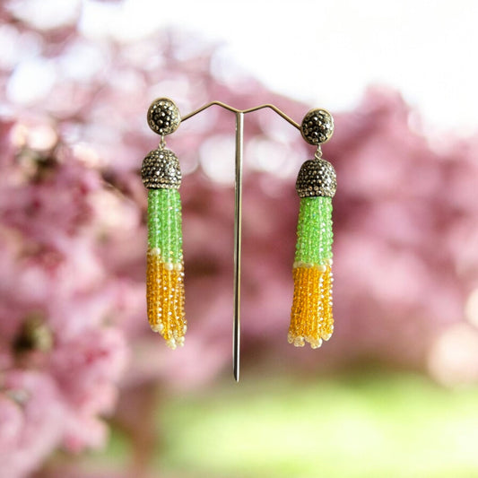 Earing Dual Color Crystal Tassels with Rhinestone Dome Green / Yellow