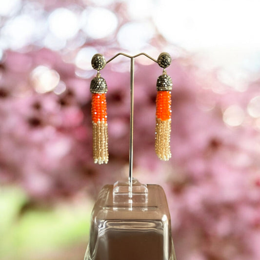 Earing Dual Color Crystal Tassels with Rhinestone Dome Orange / Brown