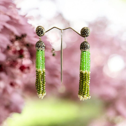 Earing Dual Color Crystal Tassels with Rhinestone Dome Green / Metallic Green