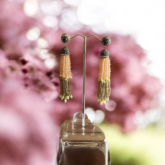 Earing Dual Color Crystal Tassels with Rhinestone Dome Peach / Brown