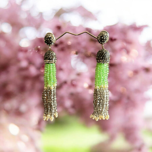 Earing Dual Color Crystal Tassels with Rhinestone Dome Green / Gray
