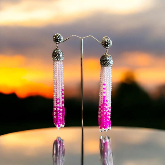 Earring Dual Color Crystal Tassels Long with Rhinestone Dome Baby Pink / Hot Pink