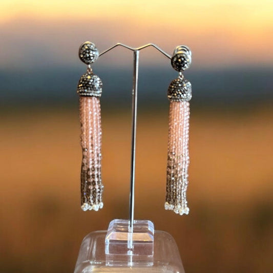 Earring Dual Color Crystal Tassels Long with Rhinestone Dome Baby Peach / Brown