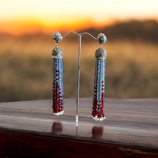Earring Dual Color Crystal Tassels Long with Rhinestone Dome Baby Blue / Maroon