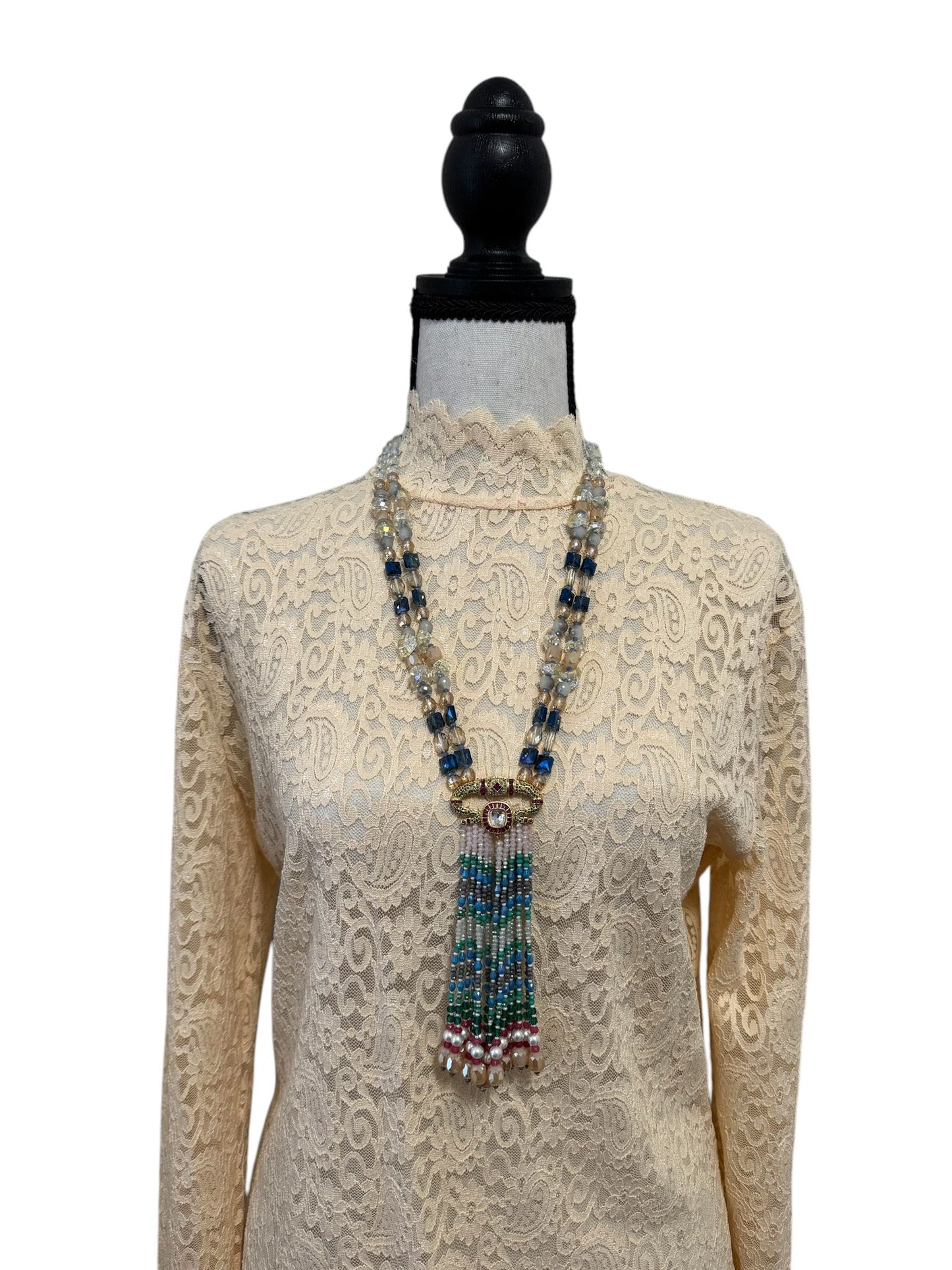 Multicolor Crystal Statement Necklace with Heavy Tassel