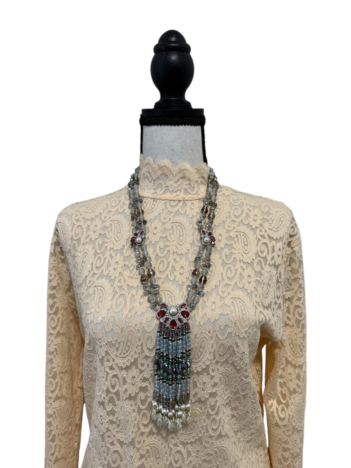 Multicolor Crystal Statement Necklace with Heavy Tassel