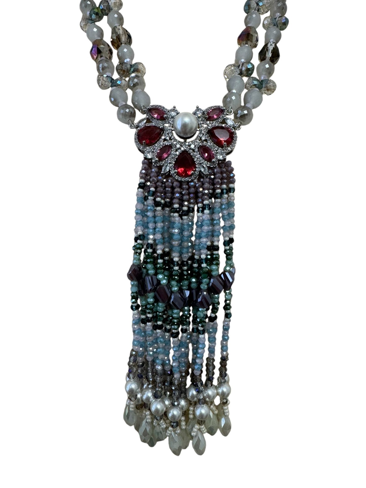 Multicolor Crystal Statement Necklace with Heavy Tassel