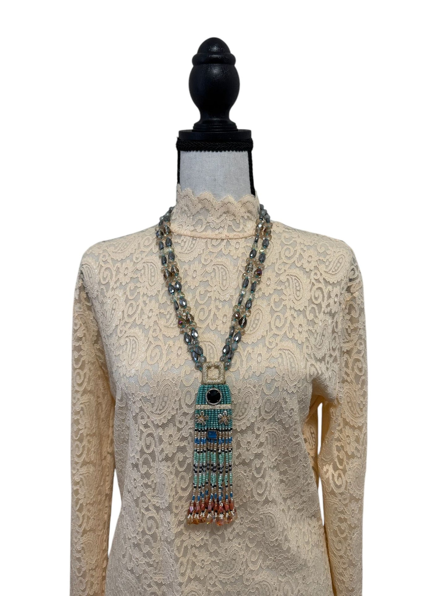 Multicolor Crystal Statement Necklace with Heavy Tassel