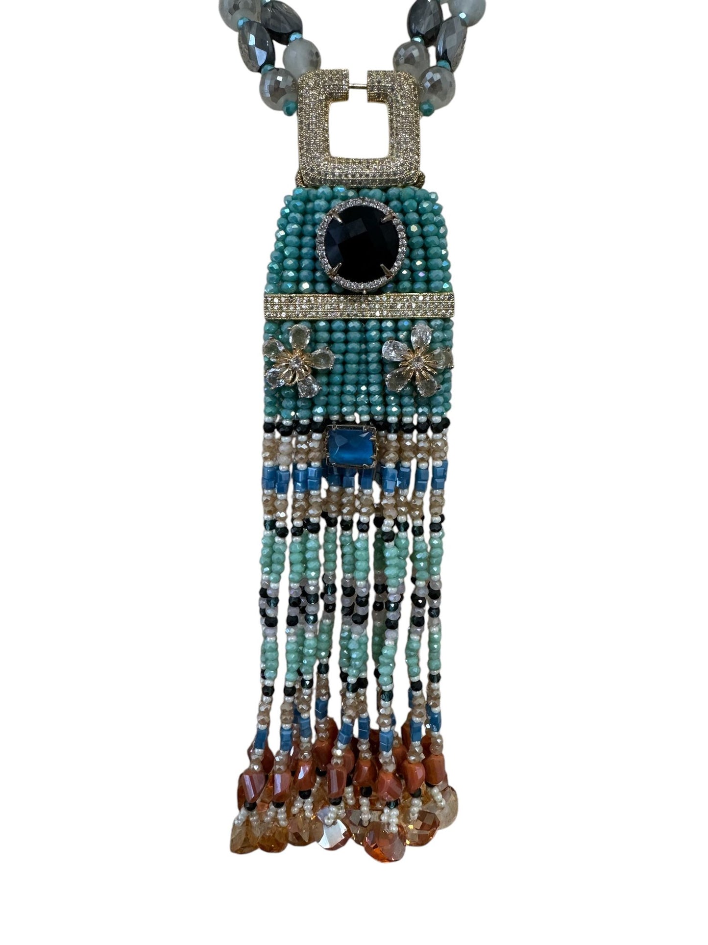 Multicolor Crystal Statement Necklace with Heavy Tassel